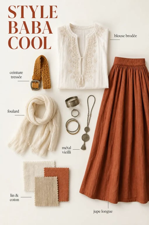 Style baba cool avec blouse brodée, jupe longue et accessoires naturels