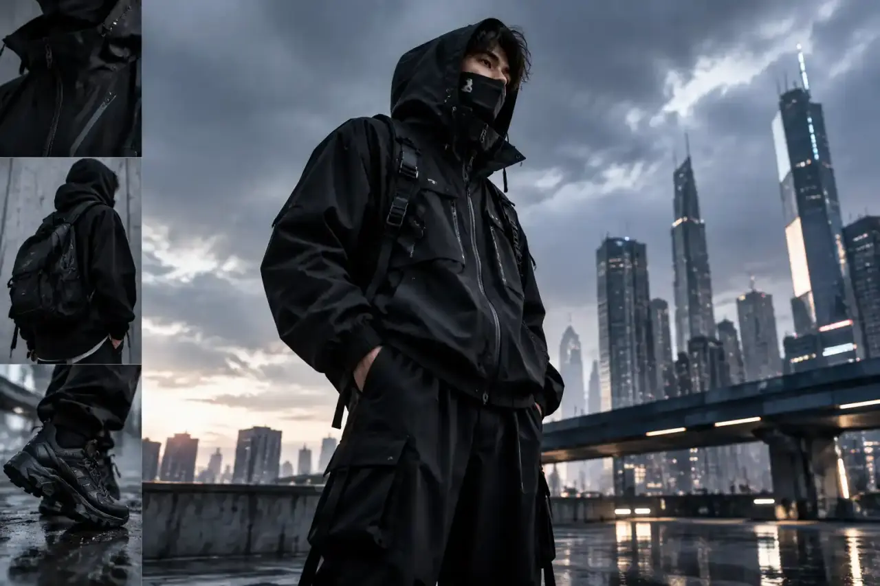 Silhouette urbaine portant un look techwear futuriste dans une ville éclairée au néon
