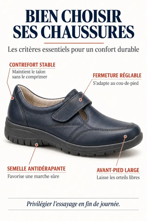 Critères de choix de chaussures femme personnes agées pour un pied large, sensible ou gonflé