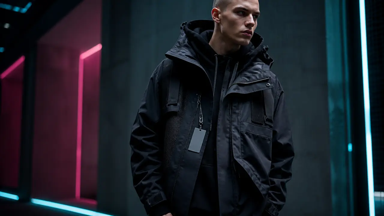 Tenue cybertech futuriste avec lumière néon et esthétique urbaine nocturne