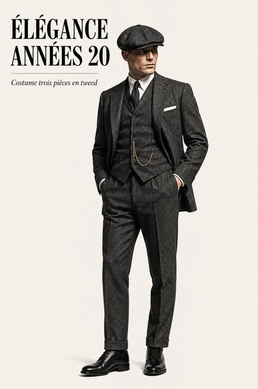 vetement annee 20 homme costume trois pièces Peaky Blinders avec casquette plate