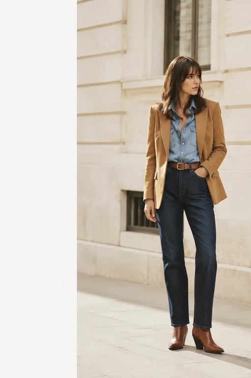 Tenue western femme chic avec jean brut, blazer et santiags en ville