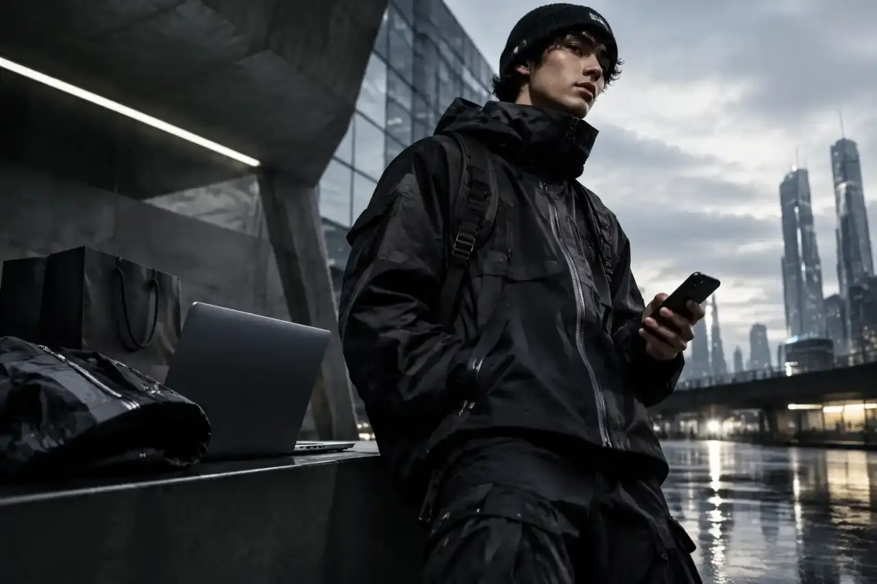 Veste techwear noire portée dans un environnement urbain aux lumières néon