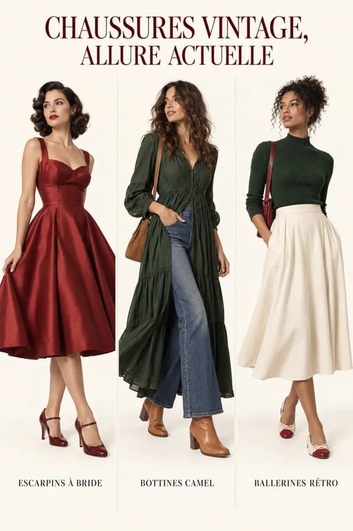 Idées de tenues avec des chaussures vintage femme pour robe, jupe et jean flare