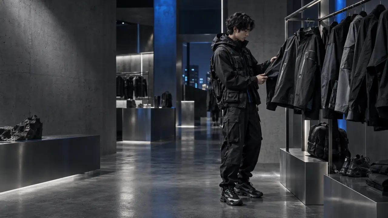 Silhouette urbaine portant une tenue techwear sous des lumières néon