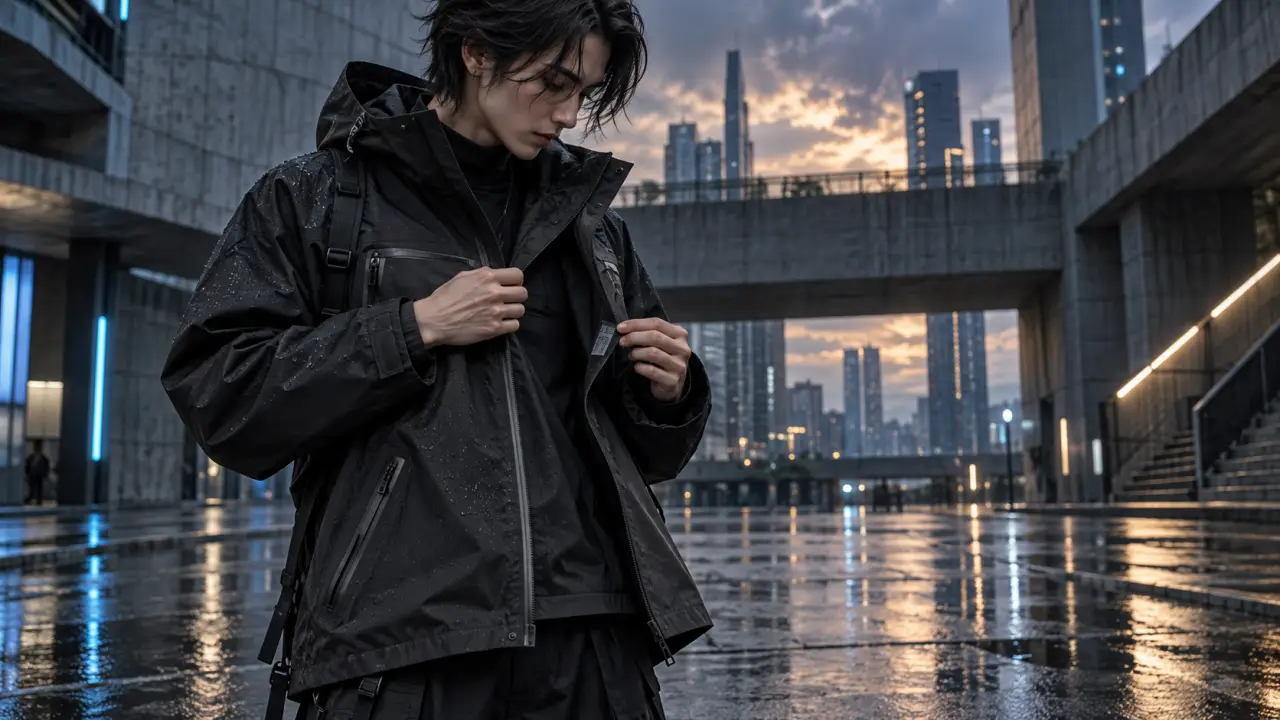 Silhouette urbaine portant une tenue techwear noire dans un décor futuriste