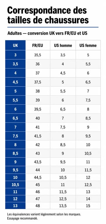 uk taille chaussure : correspondance visuelle UK vers FR/EU et US pour adulte