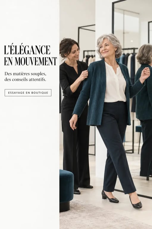 Magasin vêtement femme 70 ans avec tenue élégante et confortable en boutique