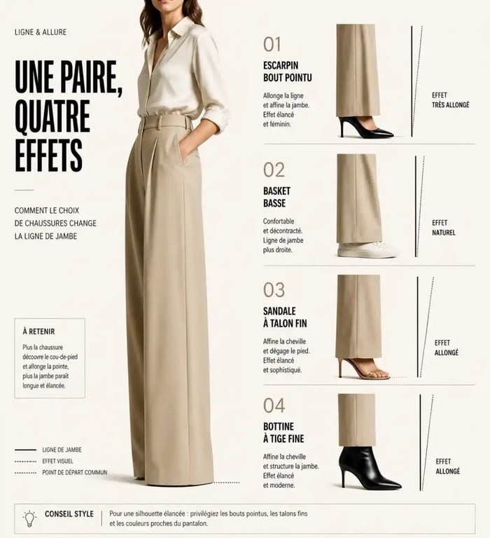 Quelles chaussures avec un pantalon large : comparaison des lignes de jambe selon le type de chaussure