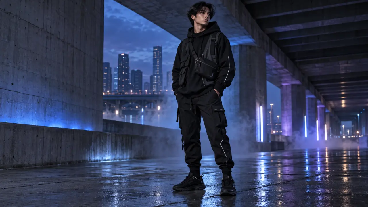 Look techwear futuriste urbain composé de pièces noires et de détails néon