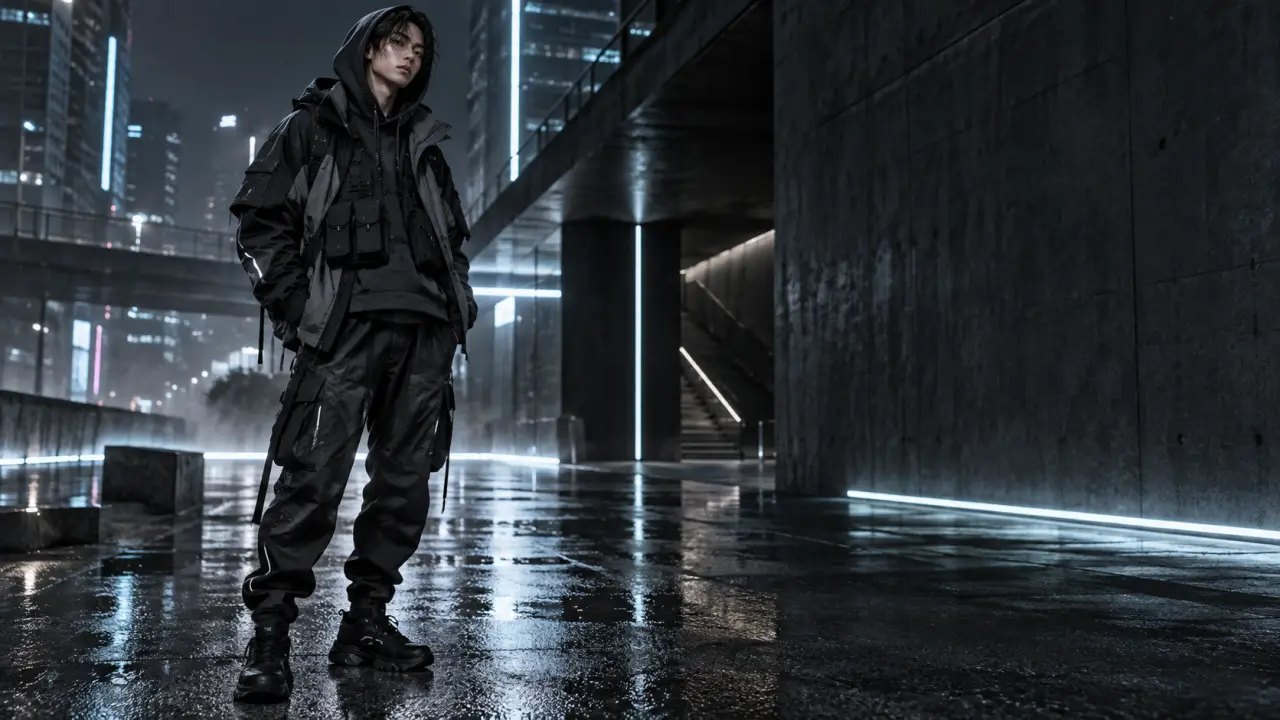 Silhouette urbaine en tenue techwear composée de plusieurs couches techniques