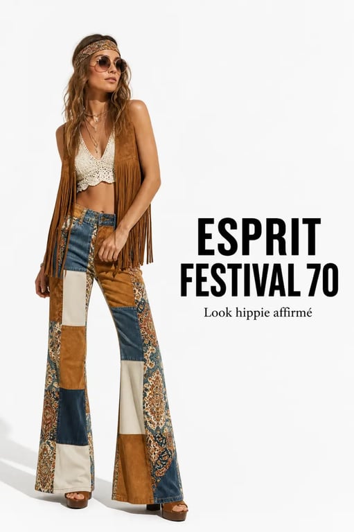 Tenue hippies femme années 70 pour festival avec pantalon évasé, franges et bandeau