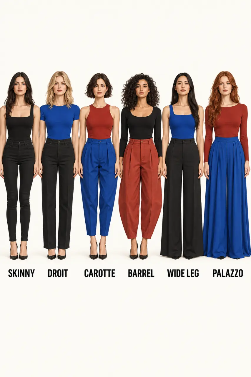 Types de pantalons femme : silhouettes comparant les coupes skinny, droite, carotte, barrel, wide leg et palazzo