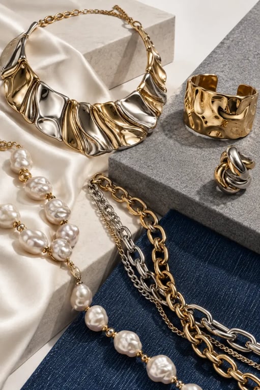 Bijoux tendance 2025 en or, argent, perles irrégulières et textures contrastées