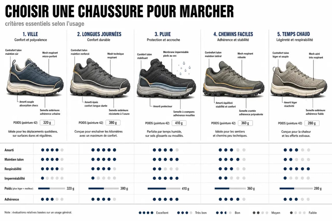 Infographie sur la chaussure pour marcher avec les critères essentiels selon l’usage