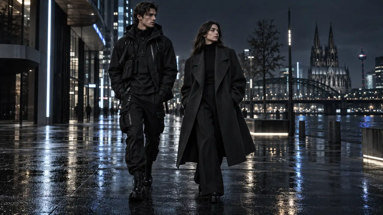 Silhouette urbaine portant une tenue techwear et minimal dark dans une ville éclairée au néon