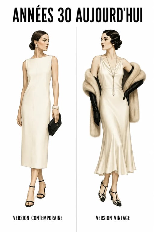 Tenue femme des annees 30 comparée à une adaptation moderne, diptyque de style vintage et contemporain