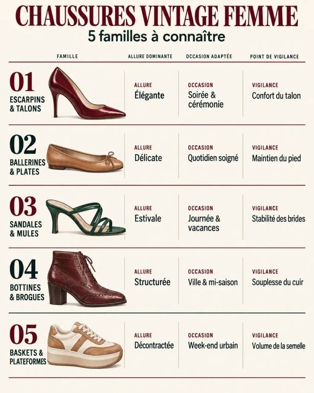 Infographie des cinq familles de chaussures vintage femme et de leurs usages