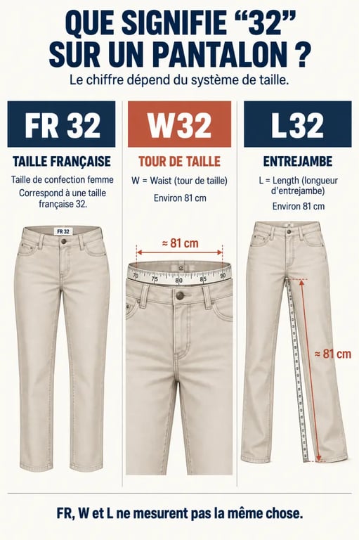 Infographie sur la taille 32 en France, W32 et L32 avec conversion en centimètres