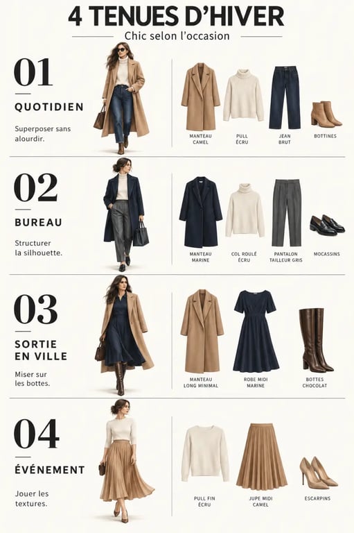 Infographie de quatre idées de tenue d’hiver femme chic selon les occasions