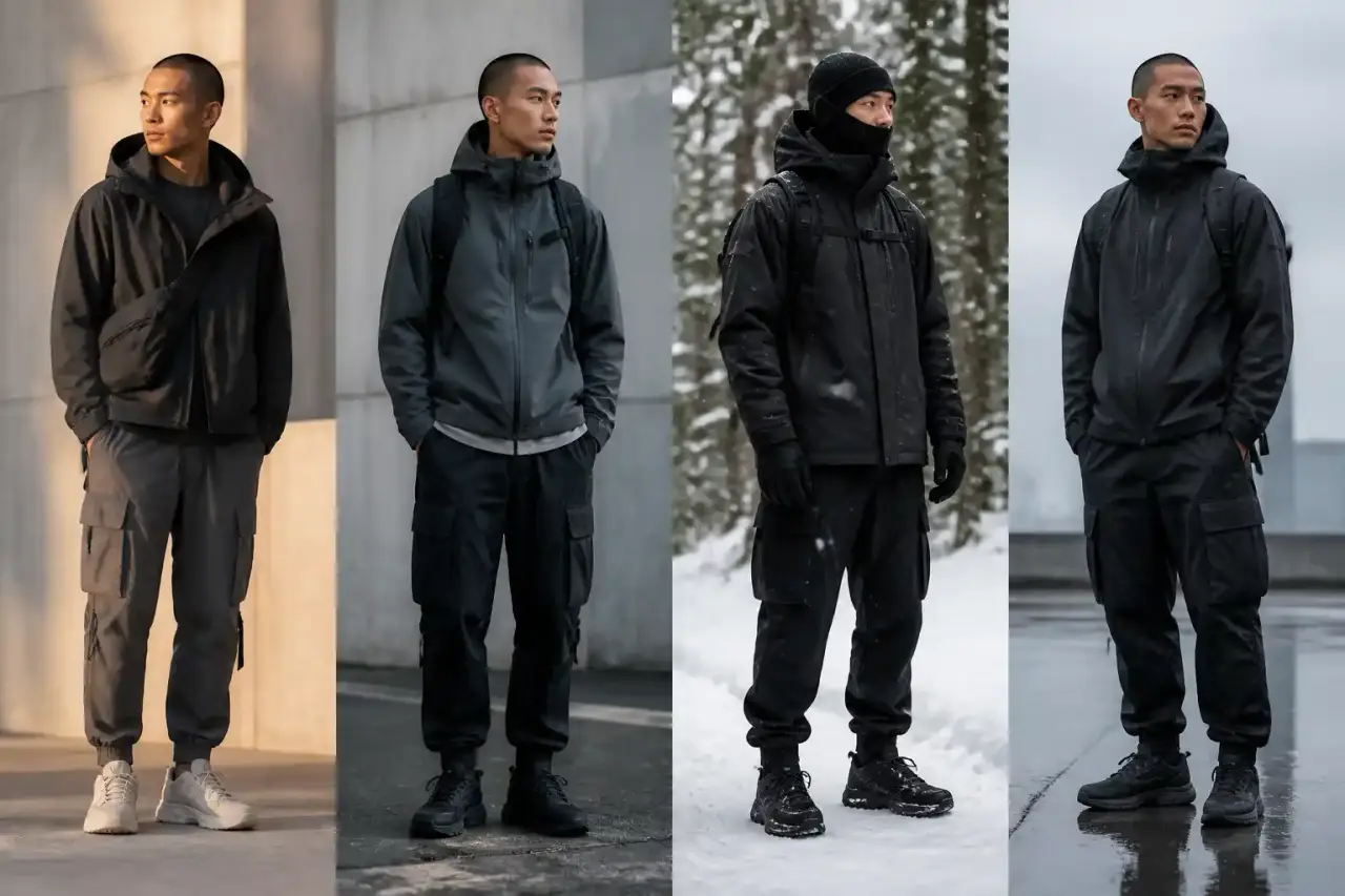 Silhouette techwear futuriste en ville de nuit avec lumières néon violettes et vert acide