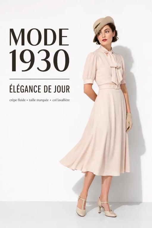 Tenue femme des annees 30 de jour en style éditorial, robe midi fluide, taille marquée et accessoires vintage