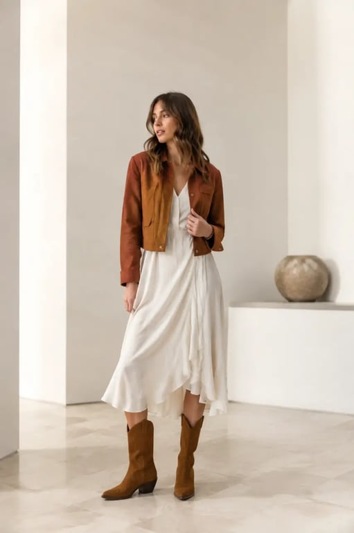 Tenue western femme chic avec robe midi, veste en daim et santiags